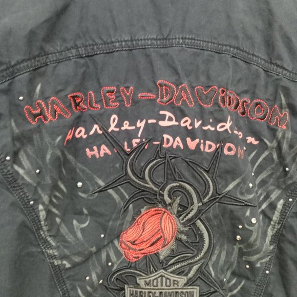 Harley Davidson Black Button Down Shirt Rhinestones Embroidered Red Rose - Picture 11 of 13